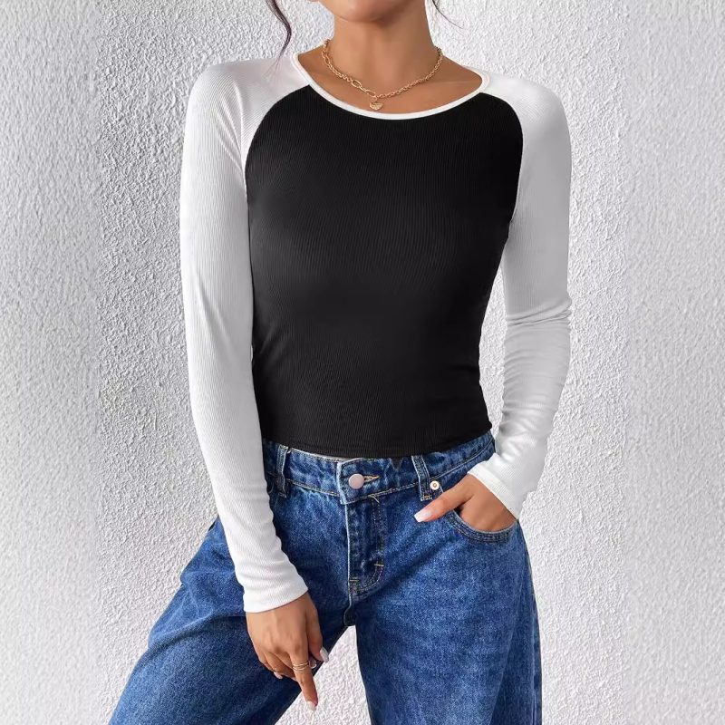Slim Fit Black & White Contrast Top – Long Sleeve Office Wear