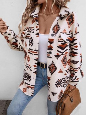 Popular Plush Collared Casual Cardigan with Patch Pockets Button Coat Women