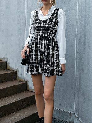 Elegant Plaid Woolen Cami Dress for Women – Autumn Winter Fashion