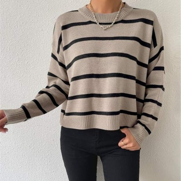 Fall Loose Round Neck Striped Knitted Pullover Sweater for Women - Image 3