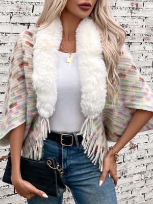 Fur Collar Tassel Knitted Cape Cardigan for Women