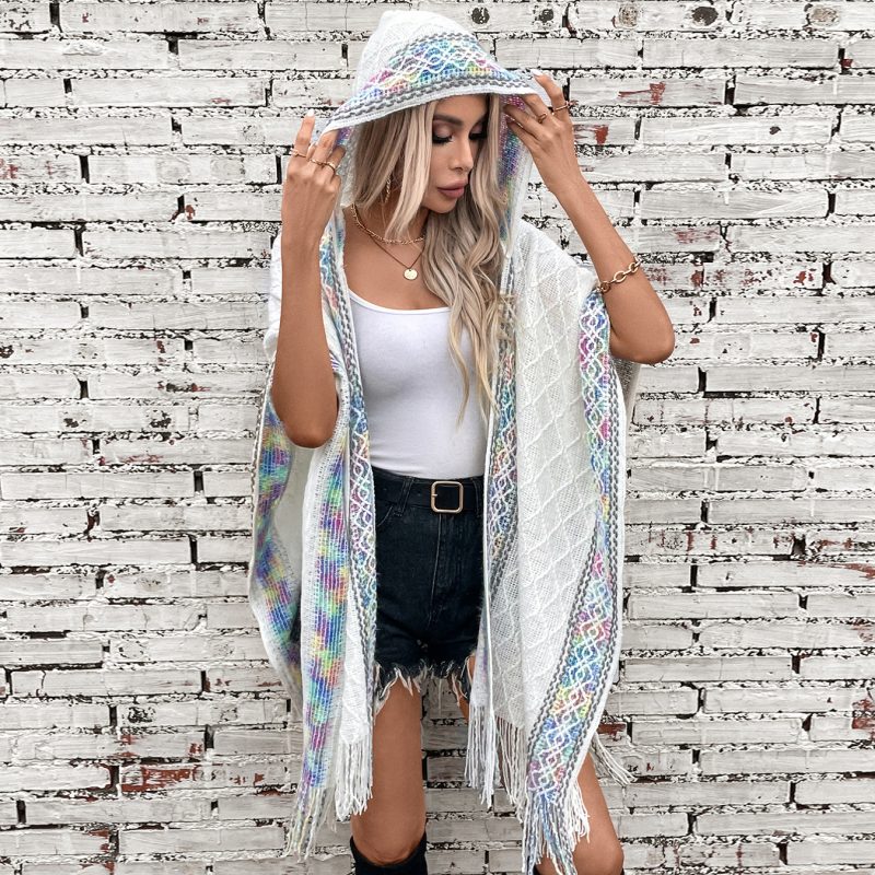 Autumn Winter Ethnic Knitted Hooded Tassel Cape Sweater Shawl for Women