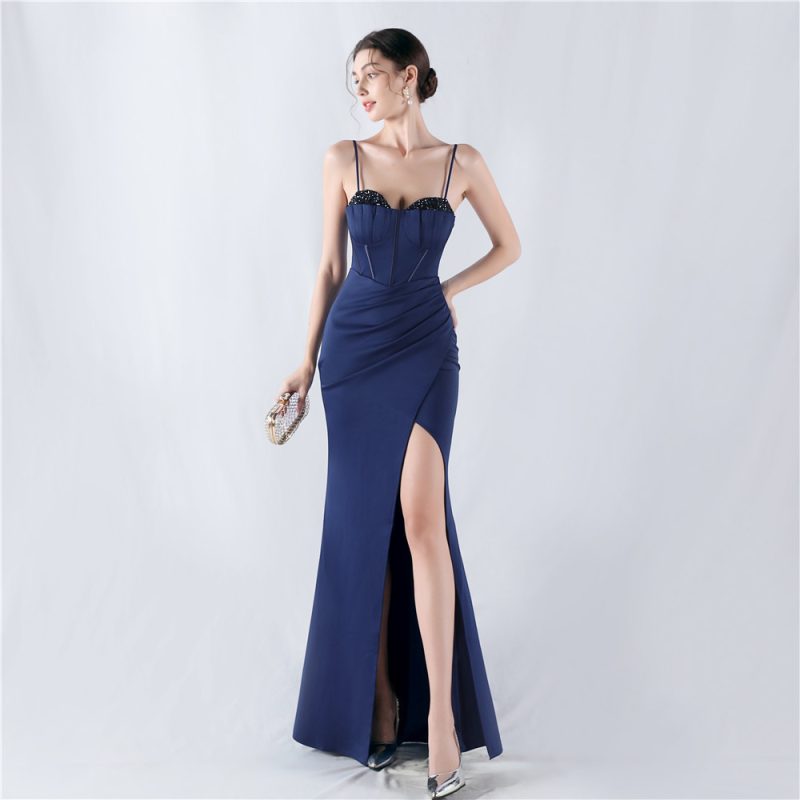 Boning Corset Satin Tight Waist Crystal Satin Evening Dress - Image 3