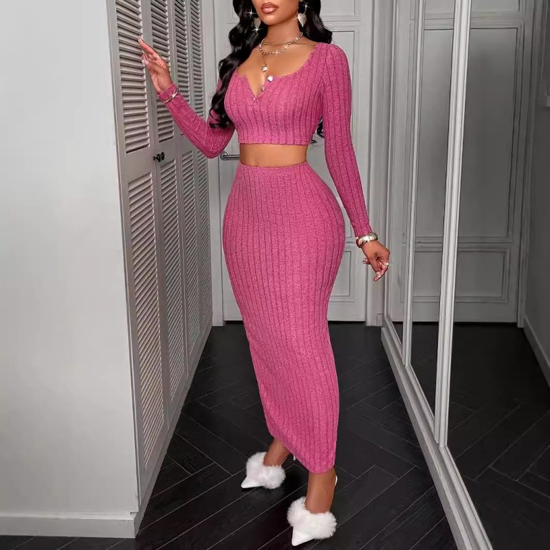 Long Sleeve Narrow Skirt Set - Women’s Casual Fall Outfit - Image 2