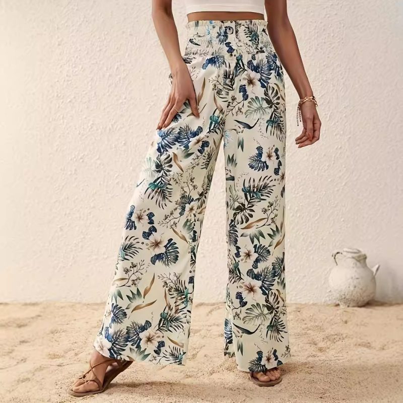 Women’s Printed Elastic Waist Wide Leg Pants – Spring, Autumn, Summer