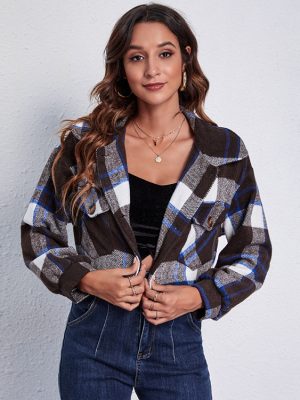 Plaid Woolen Coat with Doll Collar – Lantern Sleeve Jacket