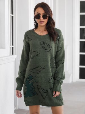 Cute Dinosaur Cartoon Jacquard V-Neck Sweater Dress for Women