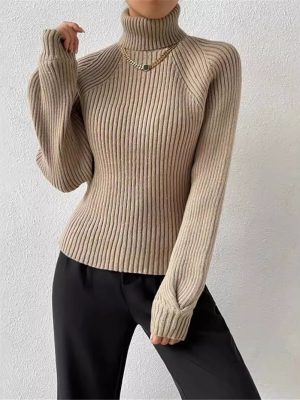 Slimming High Collar Raglan Sleeve Knitted Pullover – Autumn Winter Sweater for Women