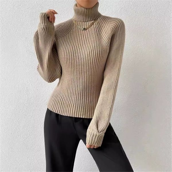 Slimming High Collar Raglan Sleeve Knitted Pullover – Autumn Winter Sweater for Women