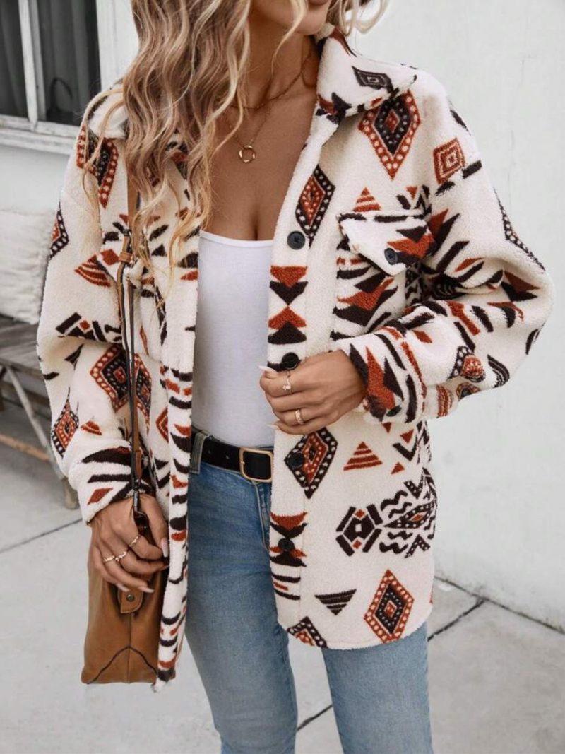 Popular Plush Collared Casual Cardigan with Patch Pockets Button Coat Women - Image 3