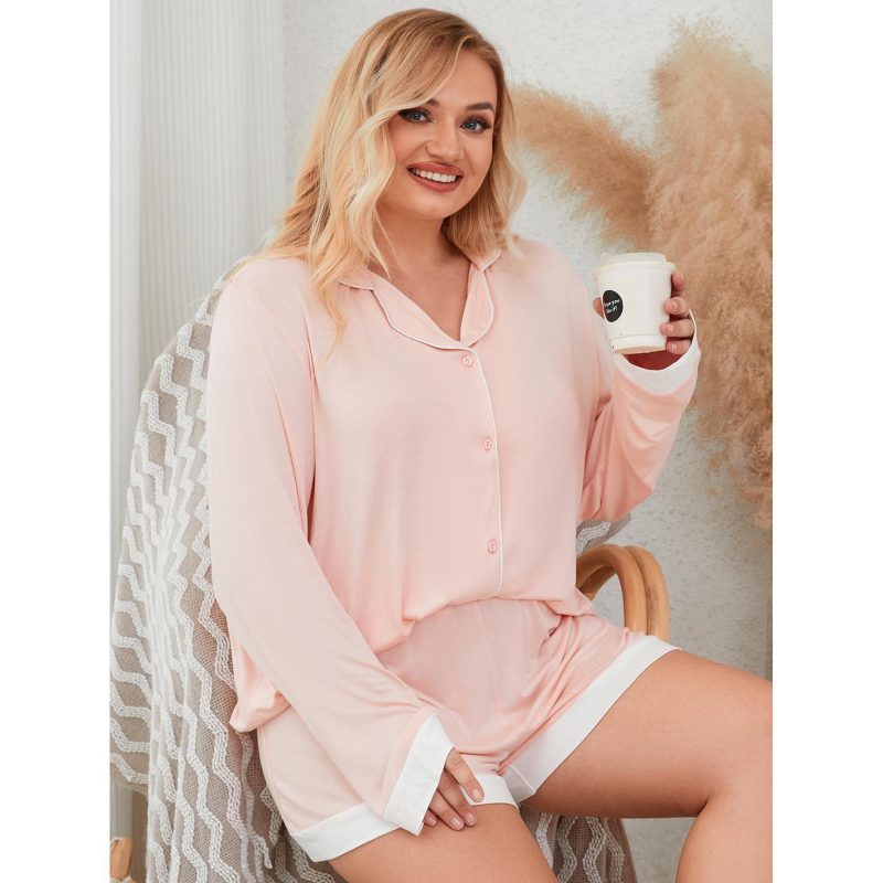 Plus Size Long Sleeve Short Pajama Set for Spring & Summer - Image 3