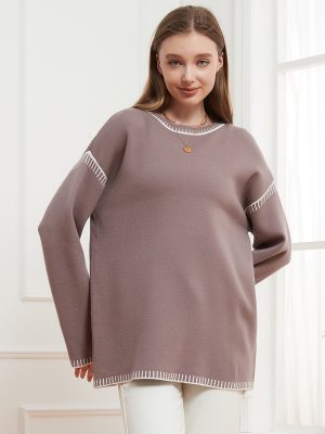 Round Neck Stitching Casual Sweaters Women Pullover