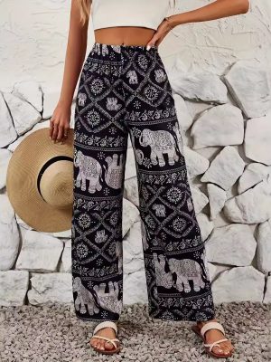 Bohemian Elephant Print Wide Leg Pants – Casual Loose Vacation Trousers