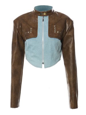 Vintage Color Contrast Leather Patchwork Short Jacket