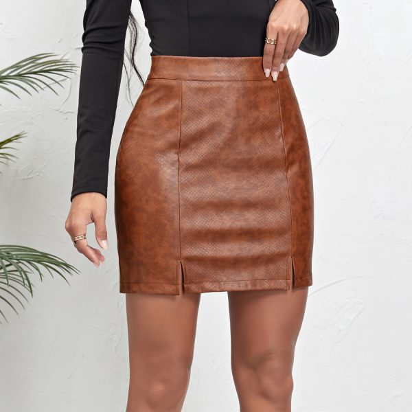 High Waist Crocodile Pattern Leather Split Skirt for Women