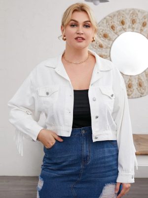 Plus Size Denim Jacket – Tassel Short Stitching Casual Jacket for Women