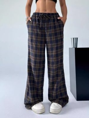 Plaid Straight Leg Pants for Women – Casual Daily Wear for Spring, Autumn, Winter