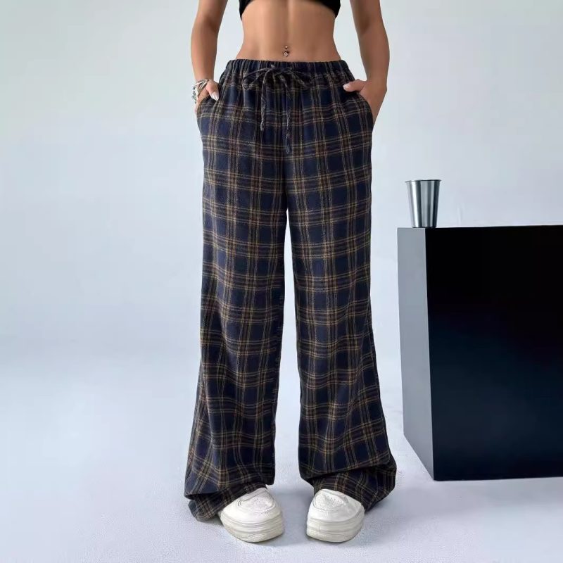 Plaid Straight Leg Pants for Women – Casual Daily Wear for Spring, Autumn, Winter