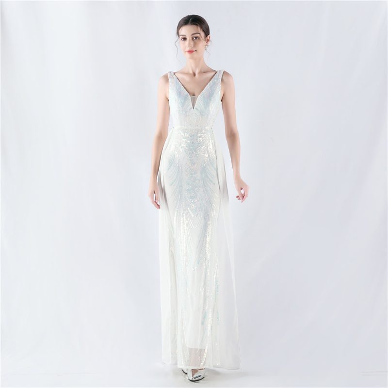 Floral Sequin Beaded Back Cloak Evening Dress for Events - Image 5