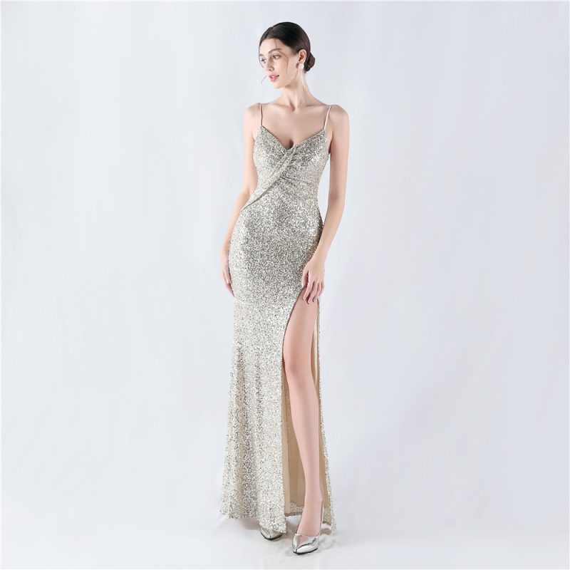 Sexy High Slit Sequin Strap Evening Dress - Image 2