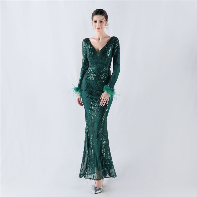 Floral Ostrich Feather Evening Dress for Winter Events - Image 5