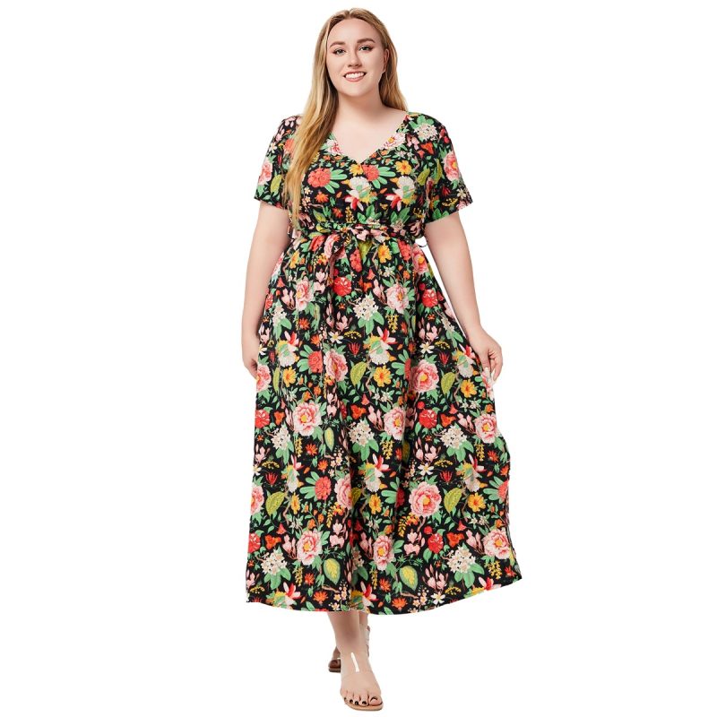 Plus Size Women Summer V Neck Short Sleeve Printed Large Swing Bohemian Dress - Image 3