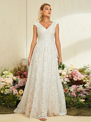 Lace V-Neck Slim Fit A-Line White Summer Evening Dress