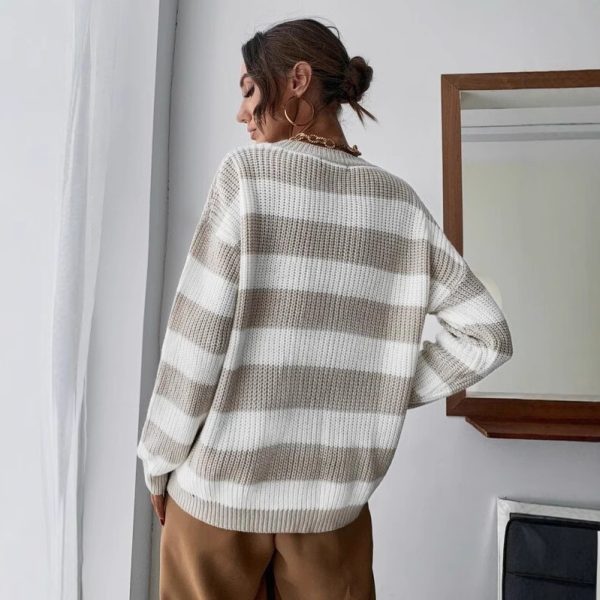 Contrast Color Stripe Knit Sweater – Loose Fit Autumn Winter Knitwear - Image 2