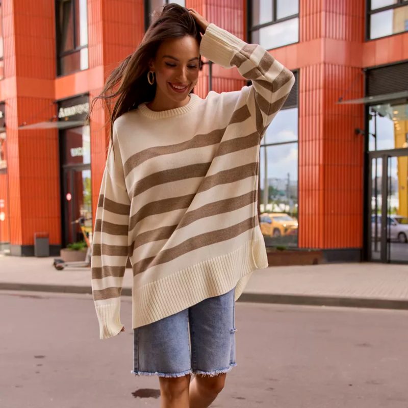 Round Neck Striped Pullover Split Sweater for Women - Image 5