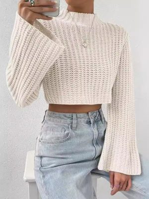 Solid Color High Waist Short Bell Sleeve Half Turtleneck Pullover