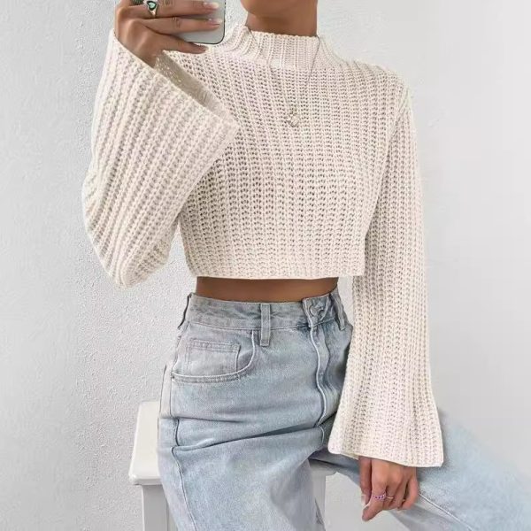 Solid Color High Waist Short Bell Sleeve Half Turtleneck Pullover