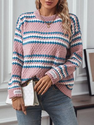 Wool Rain Contrast Color Striped Round Neck Pullover Chenille Sweater for Women