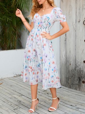 French Retro Floral Puff Sleeve Dress – Summer Light Luxury with Bra