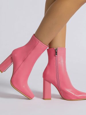 Fruit Pink Chunky Heel Side Zip Short Boots for Autumn Winter