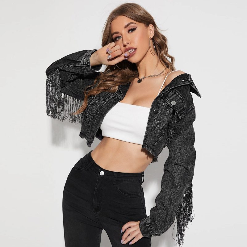 Women’s Old Cowboy Denim Jacket with Tassel Stitching – Vintage Western Style