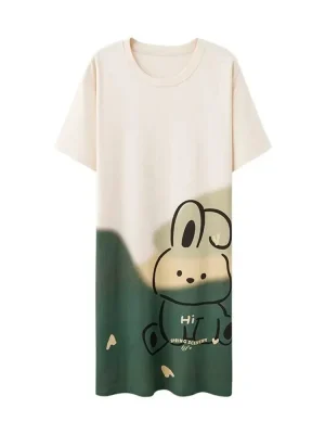 Home Stretchy Nightgown 3D Cute Rabbit Printed Ladies Knee Length