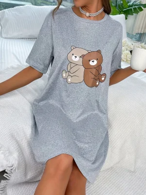 Cartoon Bear Printed Pajamas Round Neck Short Sleeve Pajamas Women’s