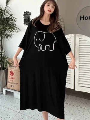 Summer Cartoon Elephant Printed Home Women’ Nightgowns Outdoor Knee Length