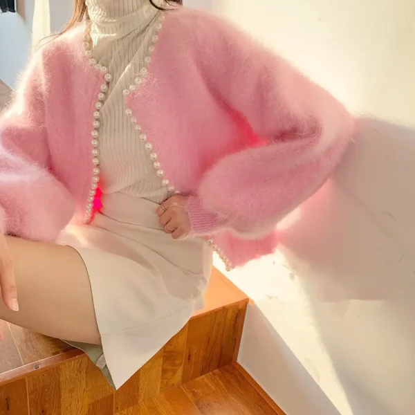 Winter New Fashion Ladies Pearl Knit Lantern Sleeves Imitation Mink Fleece Sweater Cardigan Jacket Women - Image 14