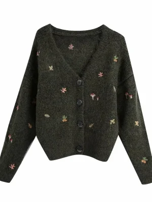 women Vintage knit cardigan with embroidery Long sleeves V-neck ribbed trims