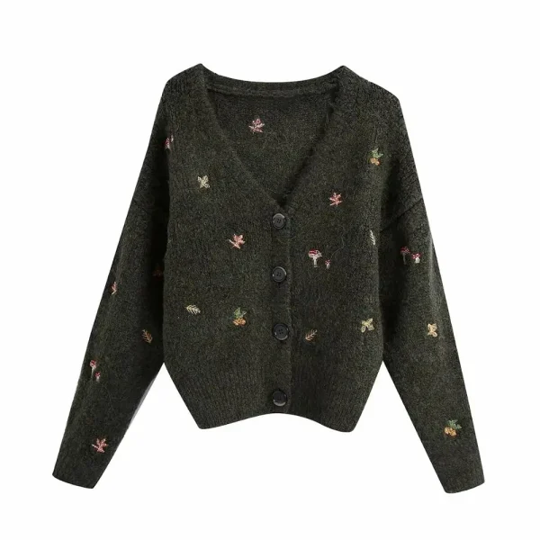 women Vintage knit cardigan with embroidery Long sleeves V-neck ribbed trims