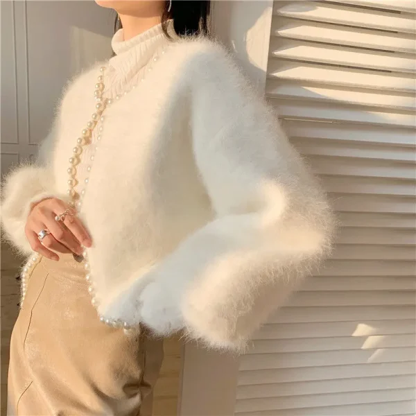 Winter New Fashion Ladies Pearl Knit Lantern Sleeves Imitation Mink Fleece Sweater Cardigan Jacket Women - Image 3