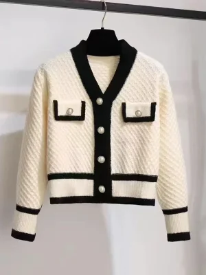 Autumn And Winter Color-blocking Knitted Top Women Cardigan Long-sleeved V-neck Short 2023 New Coat Fashion All-match Top