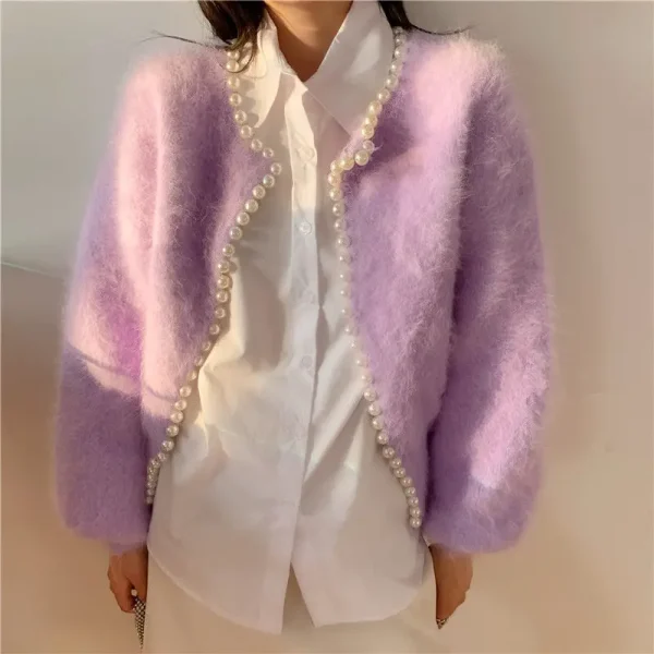 Winter New Fashion Ladies Pearl Knit Lantern Sleeves Imitation Mink Fleece Sweater Cardigan Jacket Women - Image 7