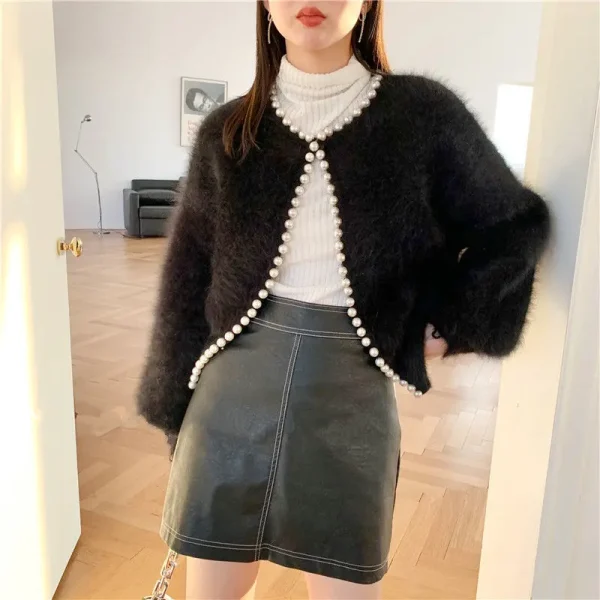 Winter New Fashion Ladies Pearl Knit Lantern Sleeves Imitation Mink Fleece Sweater Cardigan Jacket Women - Image 6