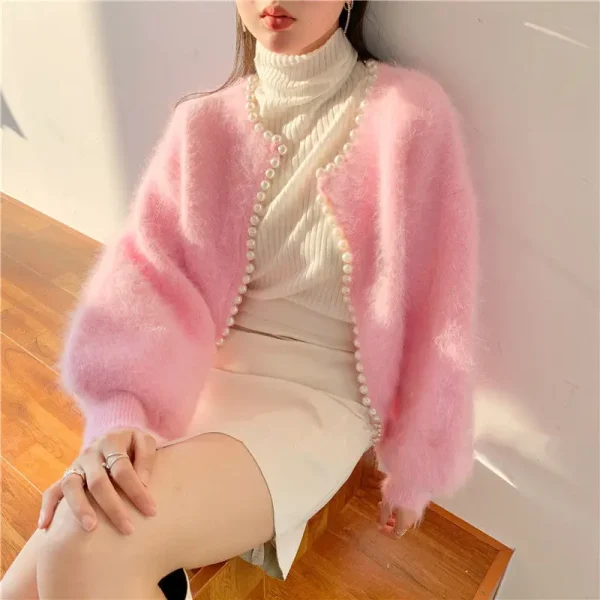 Winter New Fashion Ladies Pearl Knit Lantern Sleeves Imitation Mink Fleece Sweater Cardigan Jacket Women - Image 13