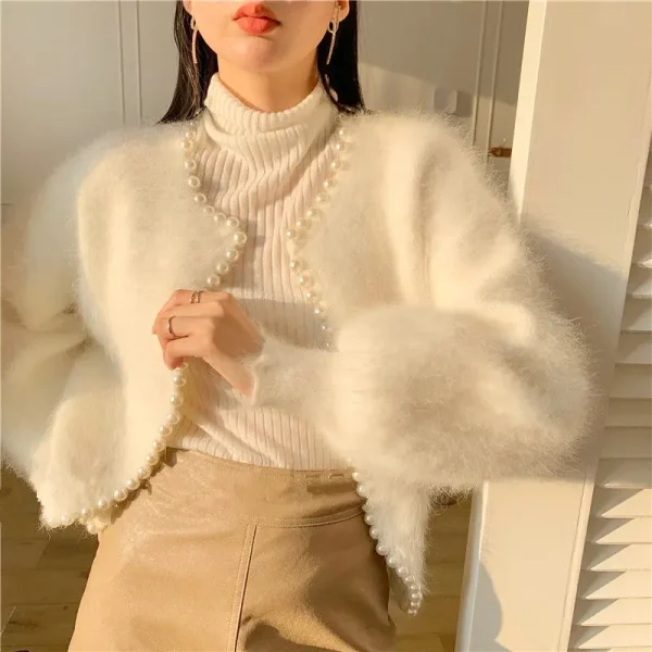 Winter New Fashion Ladies Pearl Knit Lantern Sleeves Imitation Mink Fleece Sweater Cardigan Jacket Women - Image 2