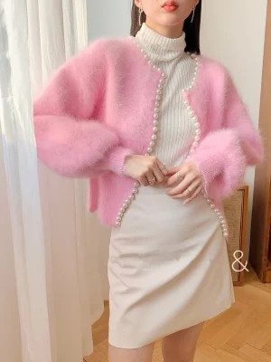 Winter New Fashion Ladies Pearl Knit Lantern Sleeves Imitation Mink Fleece Sweater Cardigan Jacket Women