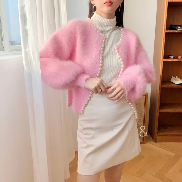 Winter New Fashion Ladies Pearl Knit Lantern Sleeves Imitation Mink Fleece Sweater Cardigan Jacket Women