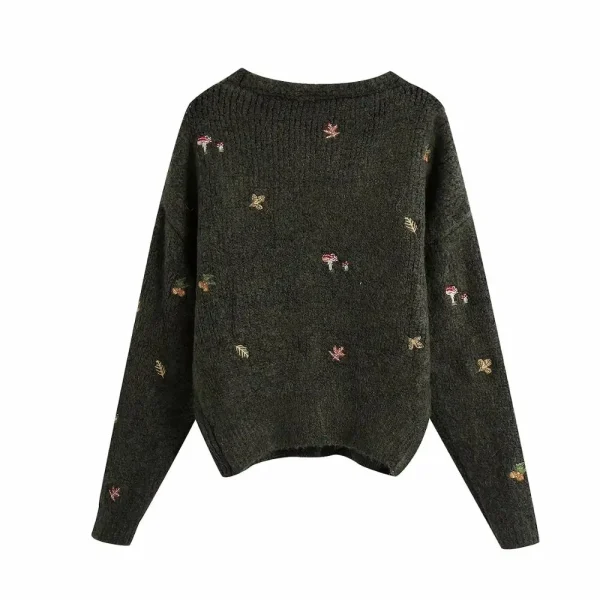 women Vintage knit cardigan with embroidery Long sleeves V-neck ribbed trims - Image 3